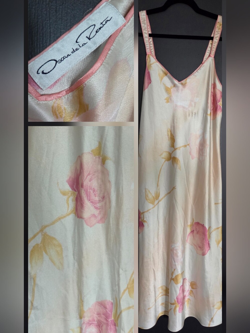 Oscar de la Renta Vintage Silky Floral Nightgown Slip Dress Pink Rose Medium